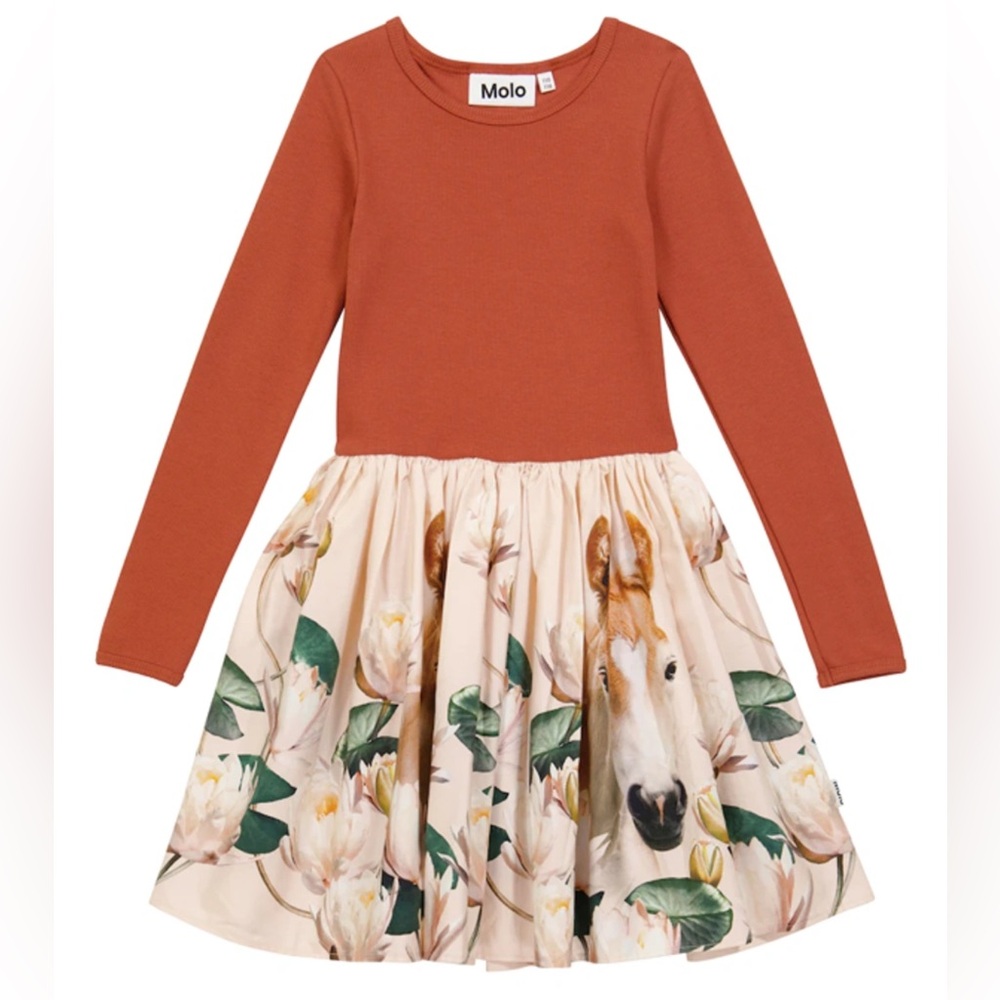 Molo Kids Candi Horse Waterlily Dress in Rust and Cream size 12months